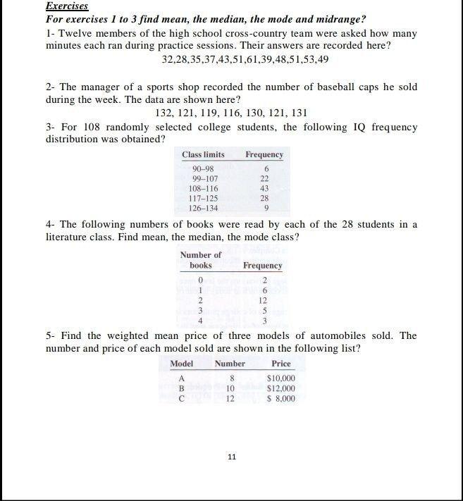 Solved Exercises For exercises 1 to 3 find mean, the median, | Chegg.com