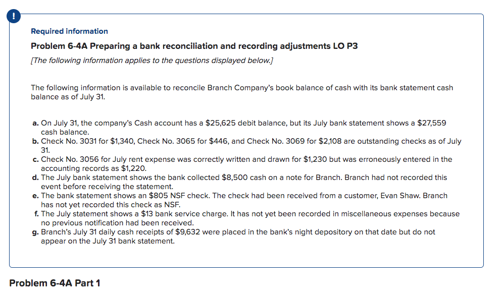 Solved Required information Problem 6-4A Preparing a bank | Chegg.com