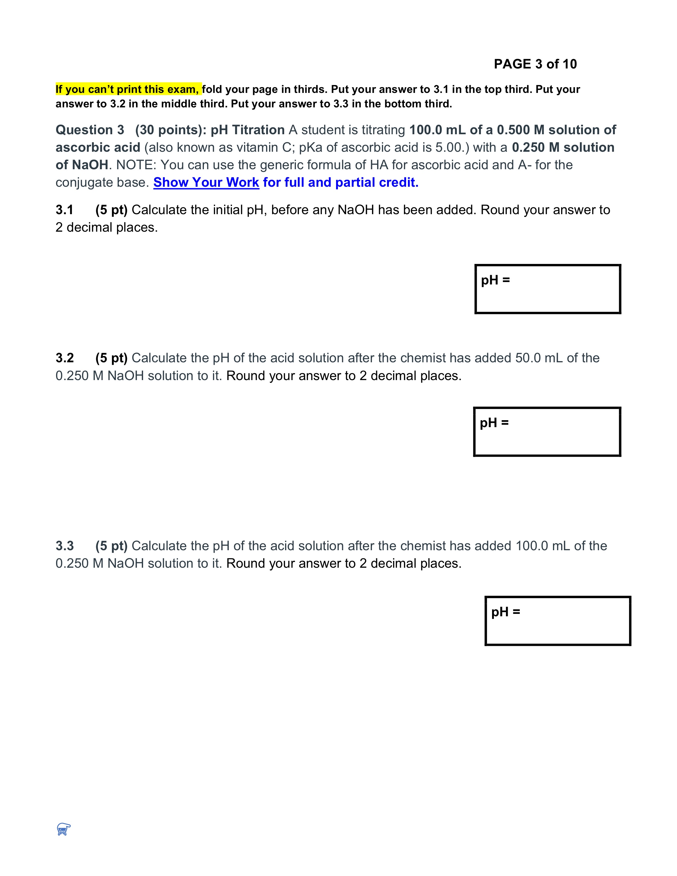 Solved If you can't print this exam, fold your page in | Chegg.com