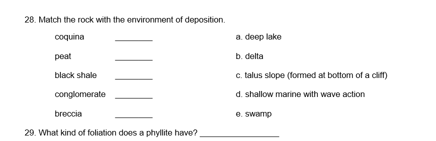 Solved 28. Match the rock with the environment of | Chegg.com