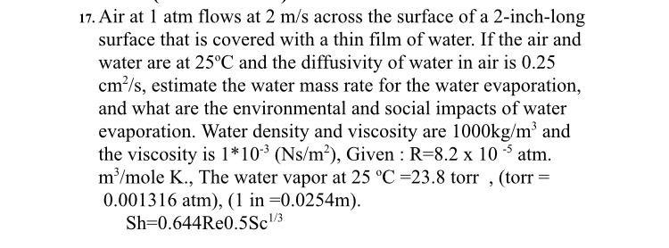 Solved 17. Air at 1 atm flows at 2 m/s across the surface of | Chegg.com