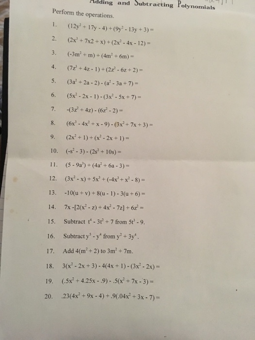 Adding And Subtracting Polynomials Perform The Operations Worksheet