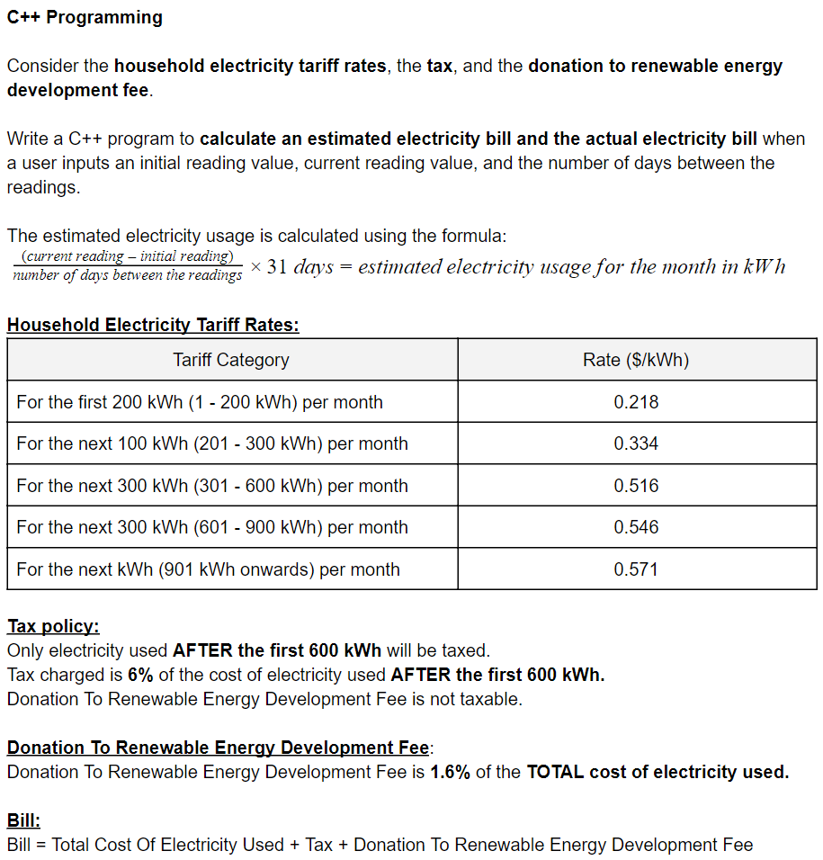 Solved C++ Programming Consider the household electricity | Chegg.com