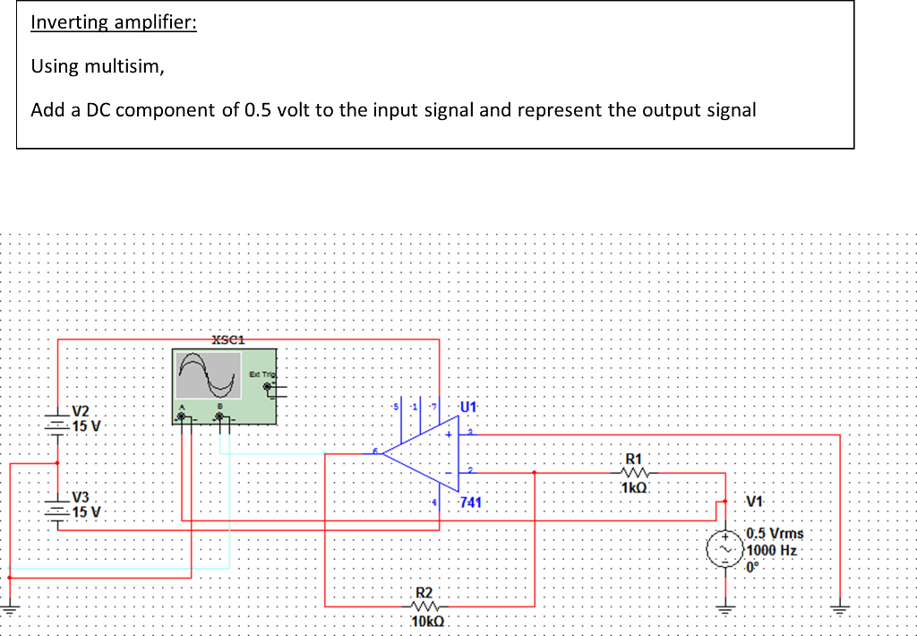 Solved Inverting amplifier Using multisim, Add a DC