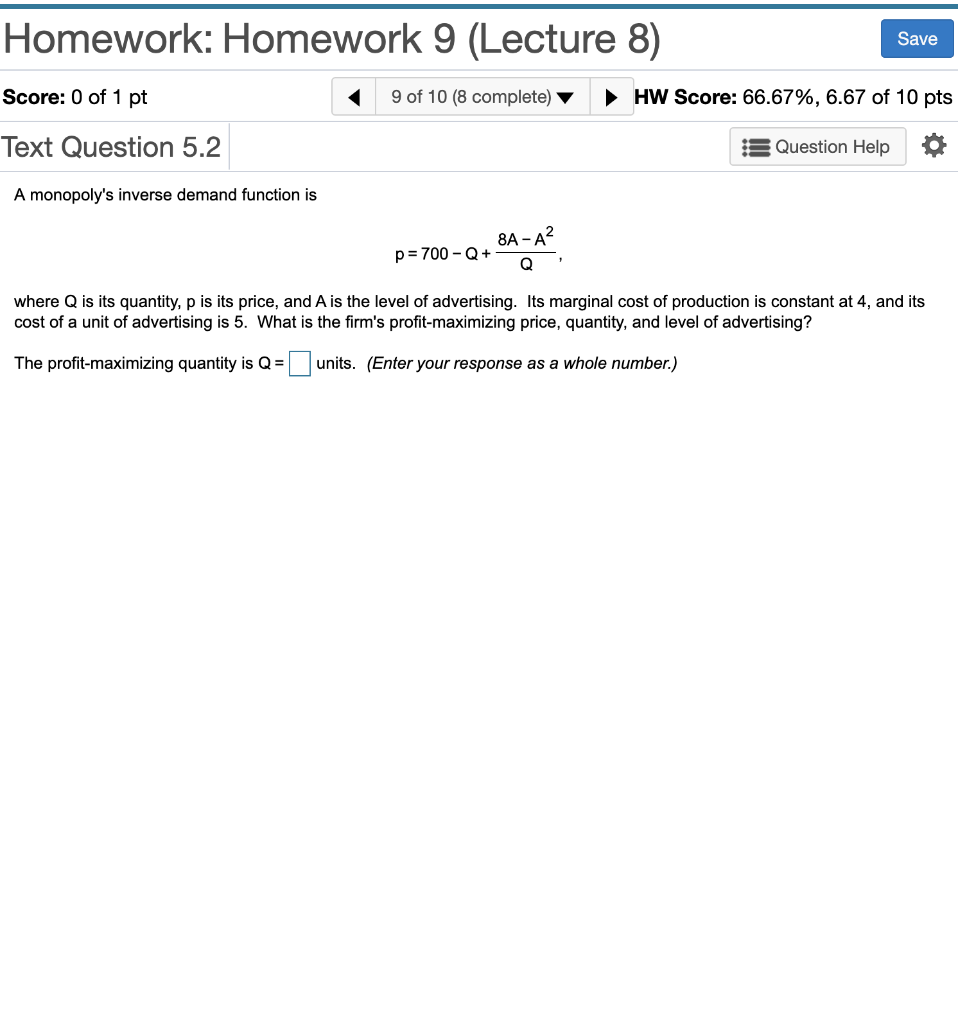 Solved Homework: Homework 9 (Lecture 8) Save Score: 0 Of 1 | Chegg.com