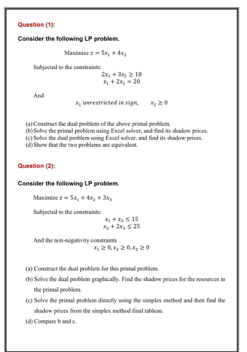 Solved Question (1): Consider the following LP problem. | Chegg.com