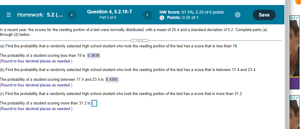 Solved = Homework: 5.2 (... Question 4, 5.2.10-T Part 3 of 4 | Chegg.com