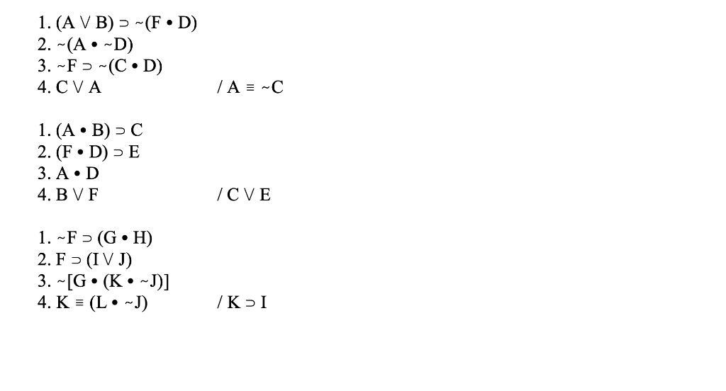 Solved 1. (A V B) = -(F• D) 2.-(A -D) 3. ~F » ~( CD) 4. CVA | Chegg.com