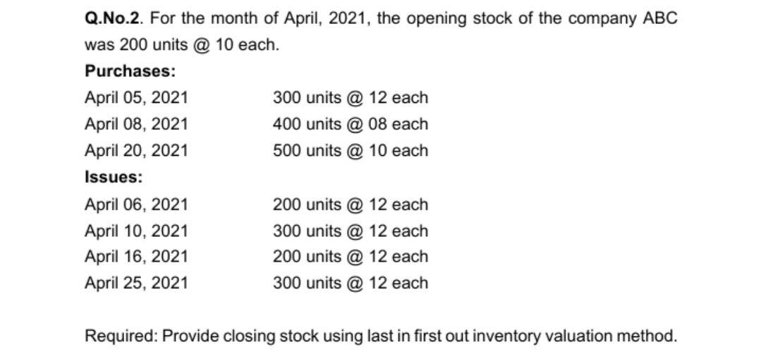 Solved Q.No.2. For the month of April, 2021, the opening | Chegg.com