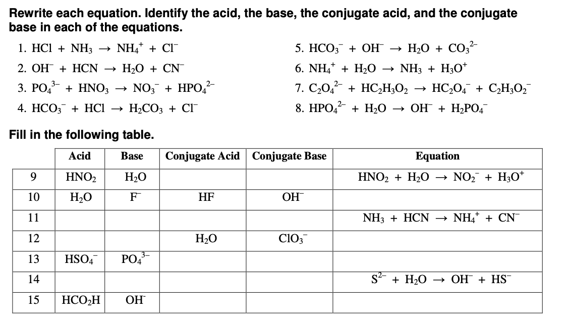 Solved Rewrite each equation. Identify the acid, the base, | Chegg.com