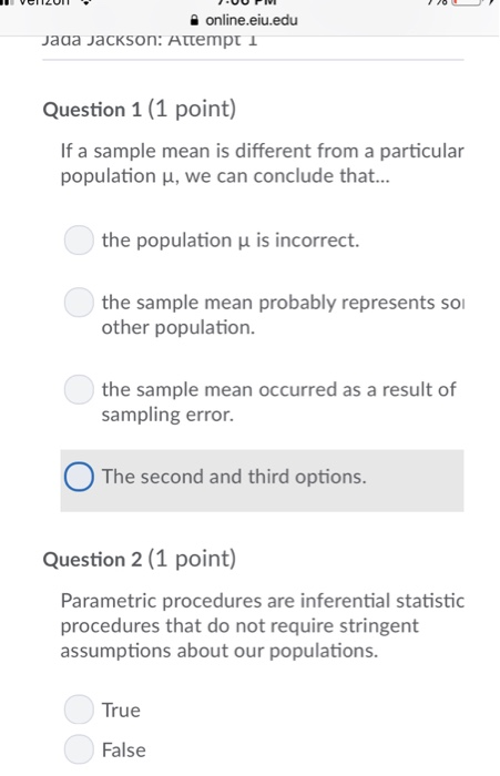 Solved online.eiu.edu Question 1 (1 point) If a sample mean | Chegg.com