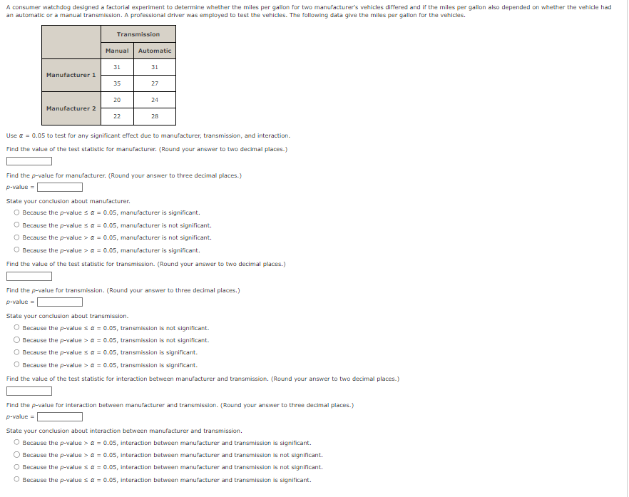 Solved Use a=0.05 to test for any significant effect due to | Chegg.com