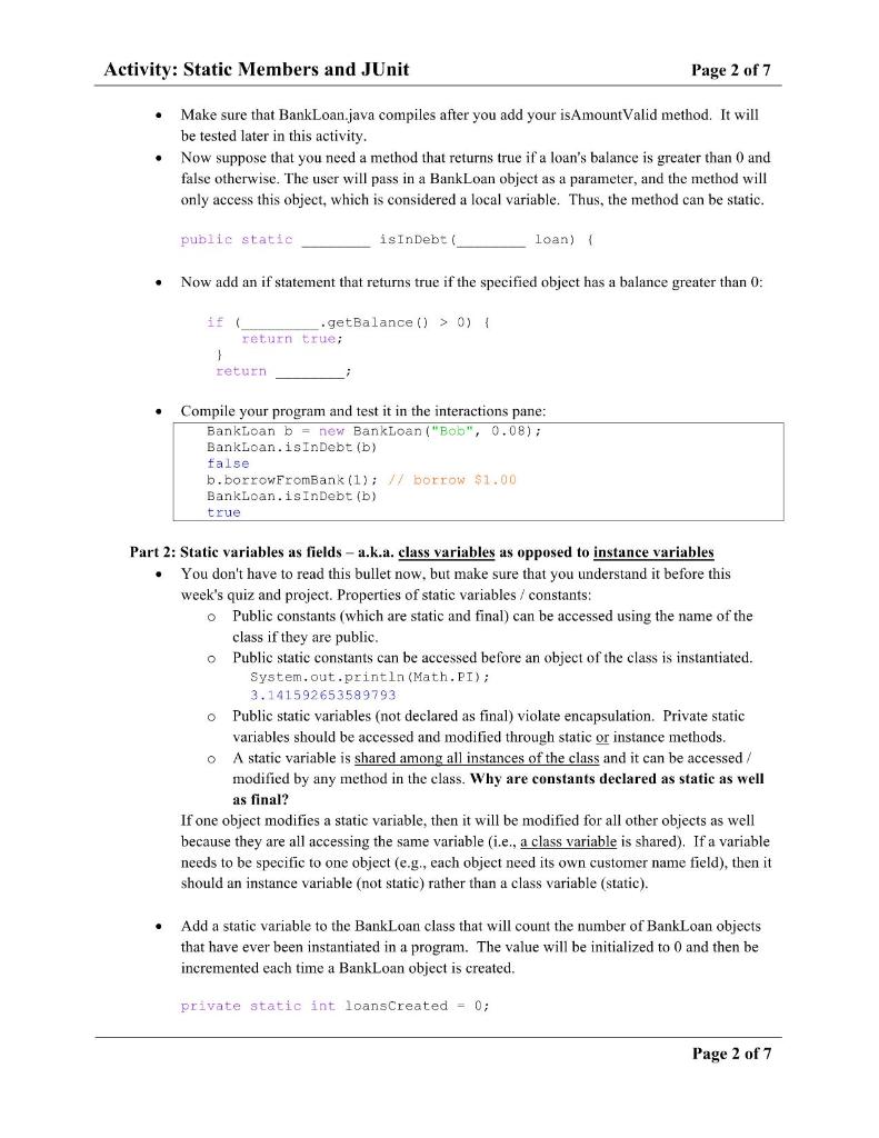 Solved Activity: Static Members and JUnit Page 1 of 7 Goals: | Chegg.com