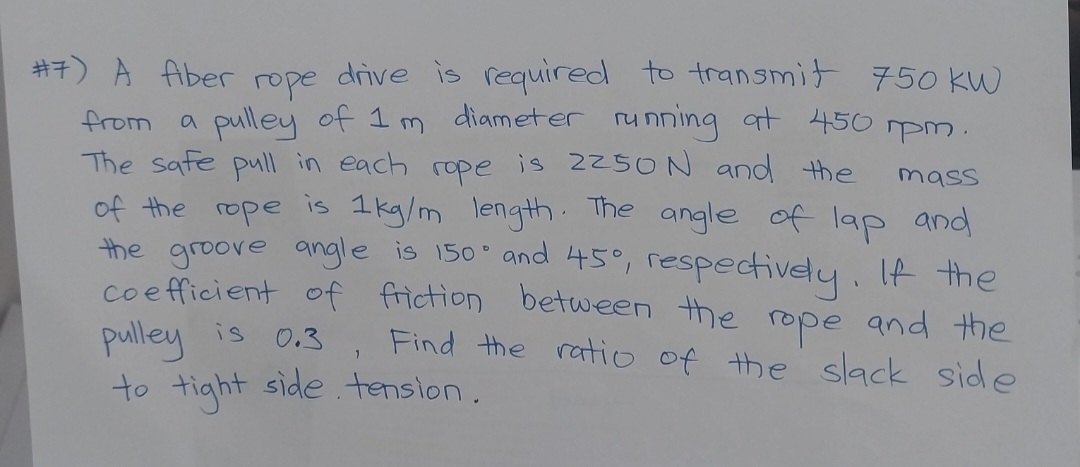 Solved \#7) A fiber rope drive is required to transmit 750 | Chegg.com