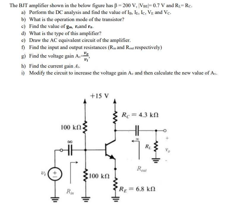 Solved The BJT amplifier shown in the below figure has B = | Chegg.com
