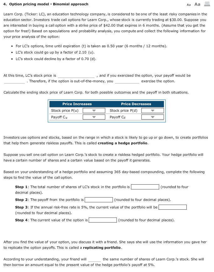 Solved 4. Option pricing model - Binomial approach Aa Aa | Chegg.com
