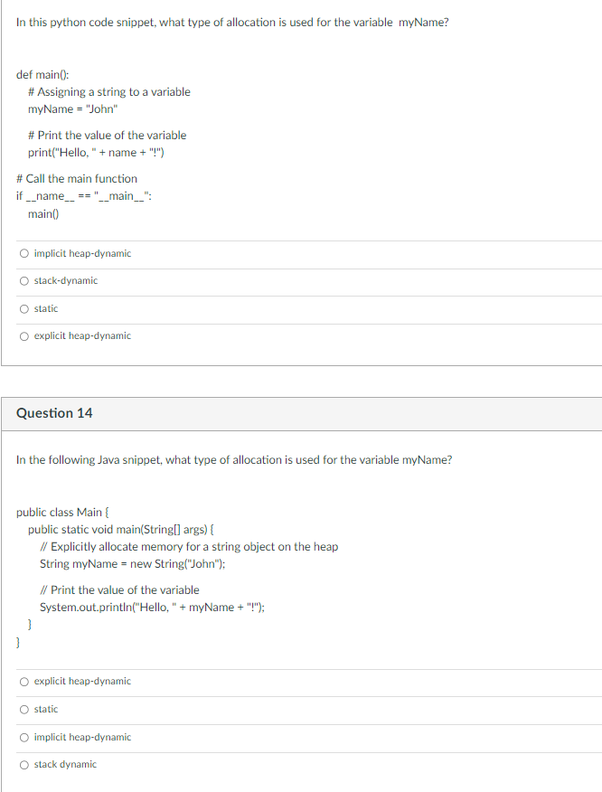 Solved In this python code snippet, what type of allocation | Chegg.com