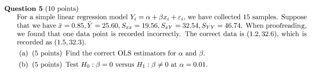 Solved Question 5 (10 points) For a simple linear regression | Chegg.com