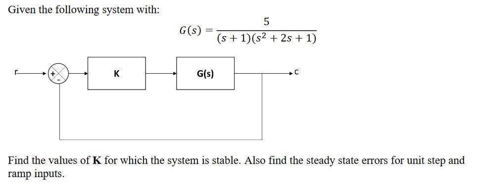 Solved Given the following system with: 5 G(S) (s + 1)(s2 + | Chegg.com