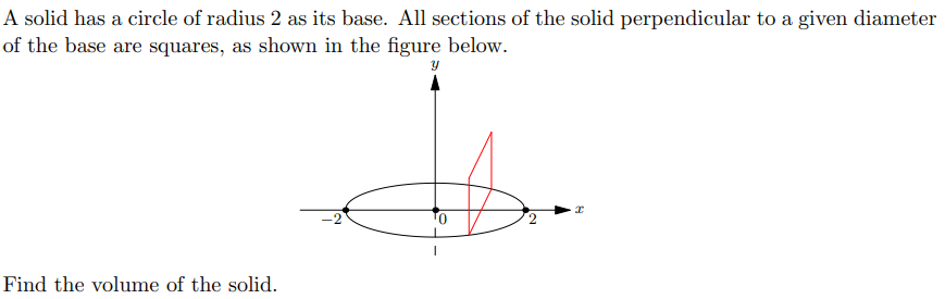 A solid has a circle of radius 2 as its base. All sections of the solid perpendicular to a given diameter of the base are squ