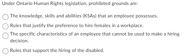 Solved Under Ontario Human Rights legislation, prohibited | Chegg.com