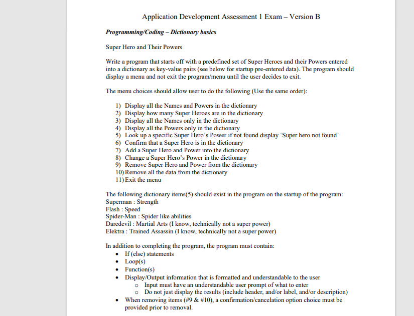 Solved Application Development Assessment 1 Exam - Version B | Chegg.com