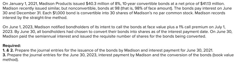 Solved On January 1, 2021, Madison Products issued $40.3 | Chegg.com