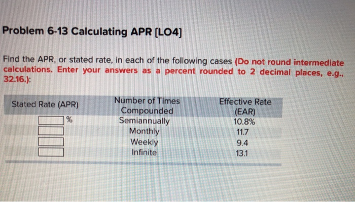 Solved Problem 6-13 Calculating APR [Lo4) Find the APR, or | Chegg.com