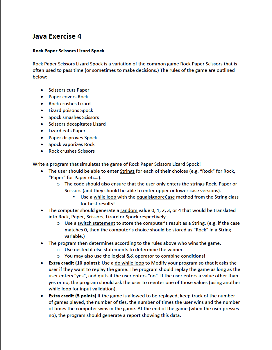 Solved Java Exercise 4 Rock Paper Scissors Lizard Spock Rock | Chegg.com