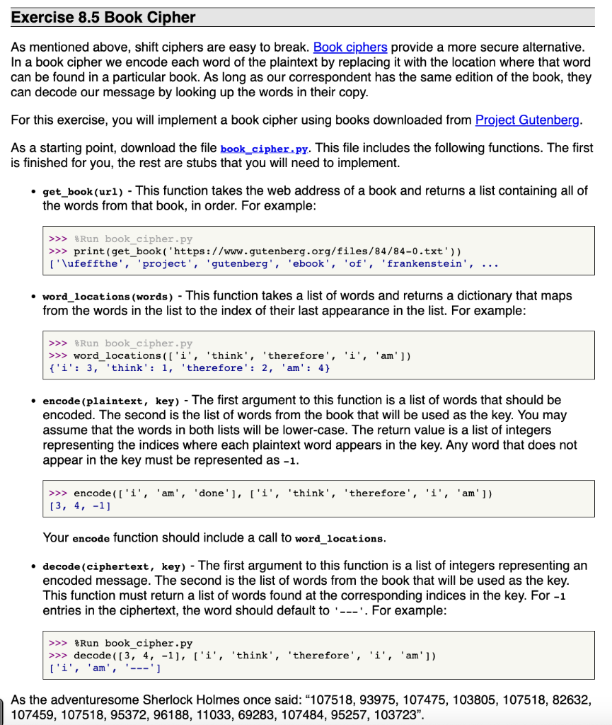 Solved Exercise 8.5 Book Cipher As Mentioned Above, Shift | Chegg.com