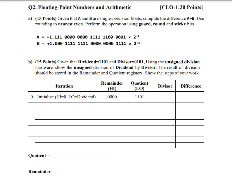 Solved Q2. Floating-Point Numbers and Arithmetic [CLO-1:30 | Chegg.com