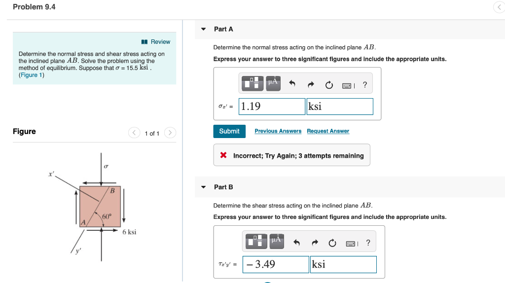 Solved Problem 9.4 Part A Review Determine The Normal Stress | Chegg.com