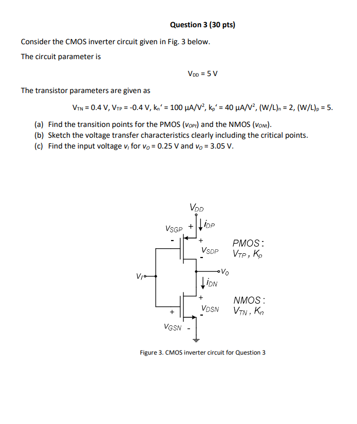 Solved Question 3 (30 pts) Consider the CMOS inverter | Chegg.com
