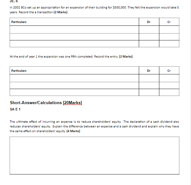 Solved JE. 6 In 2002 BCo set up an appropriation for an | Chegg.com