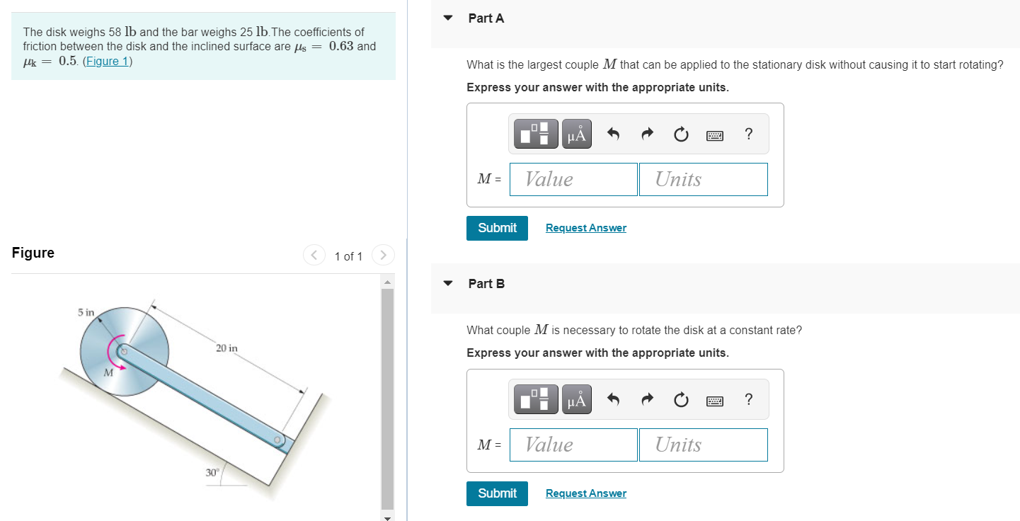 Solved Part A The disk weighs 58 lb and the bar weighs 25 | Chegg.com