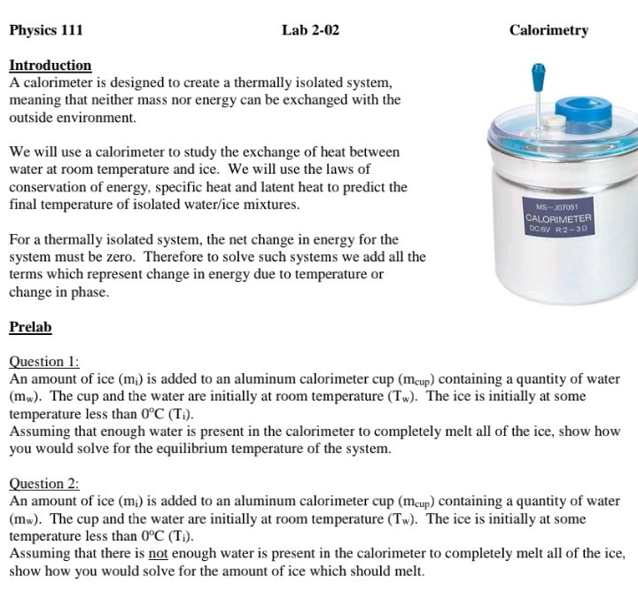 Solved Physics 111 Lab 202 Calorimetry Introduction A