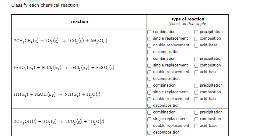 Solved Classify each chemical reaction: reaction 2CH, CH, | Chegg.com