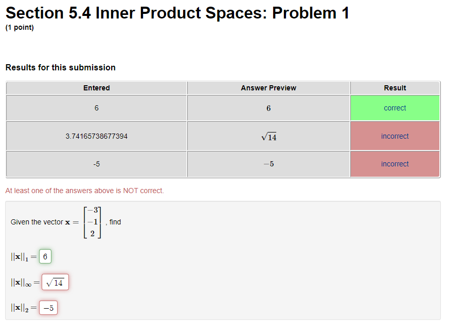 Solved Section 5.4 Inner Product Spaces: Problem 1 (1 point) | Chegg.com