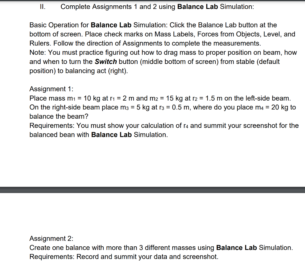 Solved II. Complete Assignments 1 and 2 using Balance Lab | Chegg.com