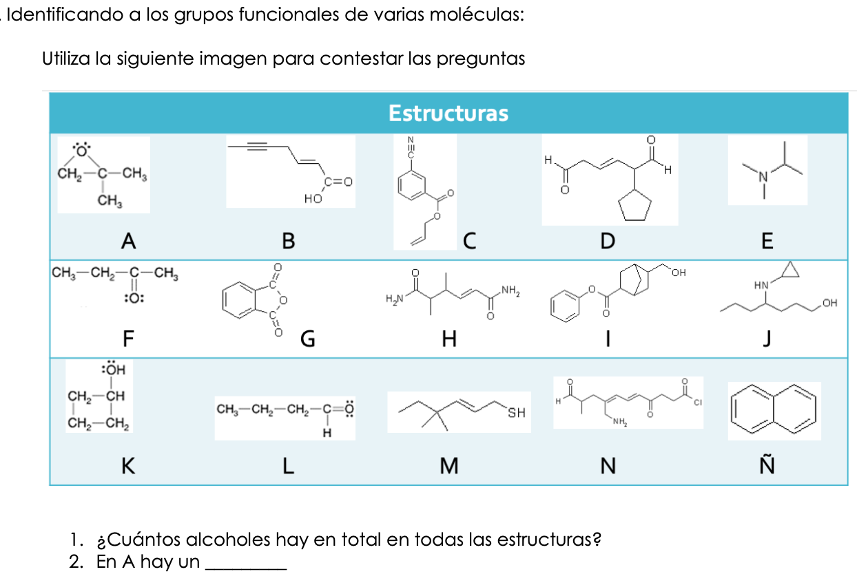 Identificando a los grupos funcionales de varias moléculas: Utiliza la siguiente imagen para contestar las preguntas 1. ¿Cuán