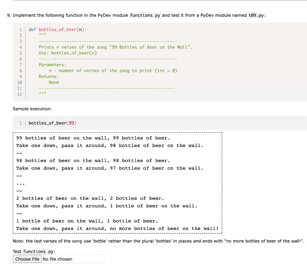 Sample execution:
1 bottles_of_beer \( (99) \)
99 bottles of beer on the wall, 99 bottles of beer.
Take one down, pass it aro