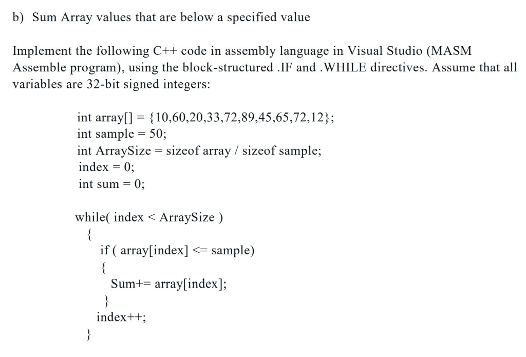 Solved B) Sum Array Values That Are Below A Specified Value | Chegg.com