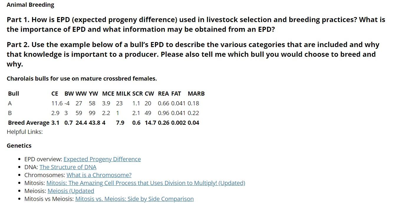 Part 1. How Is EPD (expected Progeny Difference) Used | Chegg.com