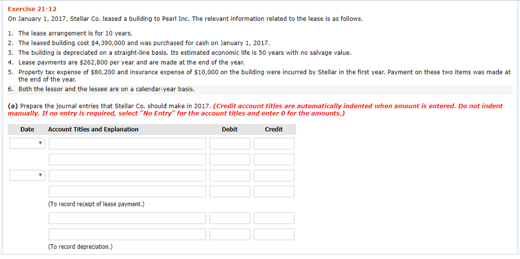 Solved Exercise 21-12 On January 1, 2017, Stellar Co. Leased | Chegg.com