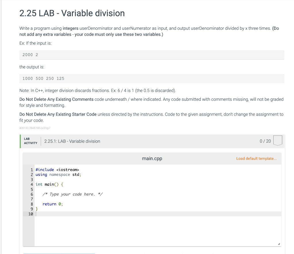 Solved 2.25.1: Lab- Variable Division I can't seem to | Chegg.com
