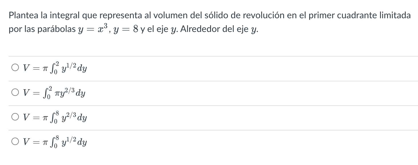 Plantea la integral que representa al volumen del sólido de revolución en el primer cuadrante limitada por las parábolas \( y