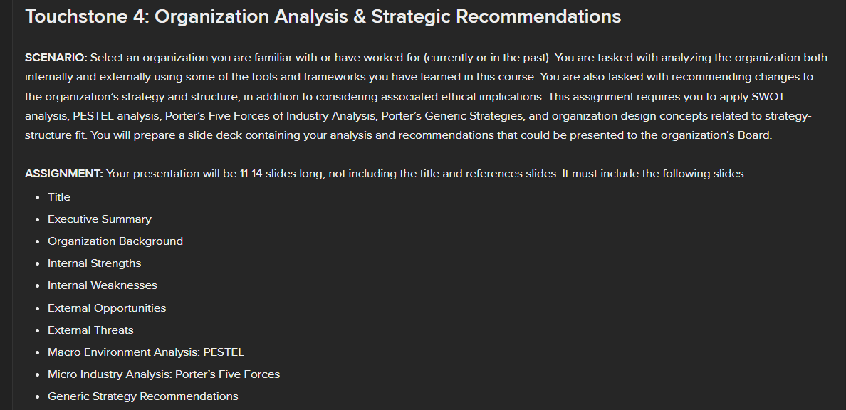 Solved Touchstone 4: Organization Analysis \& Strategic | Chegg.com