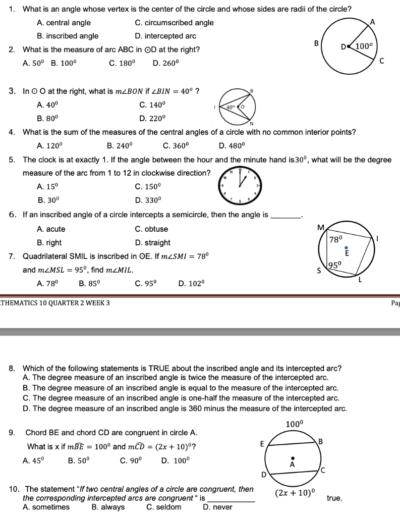 identify an angle whose vertex is at the center of the circle