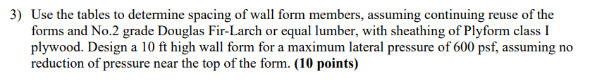 Solved 3) Use the tables to determine spacing of wall form | Chegg.com