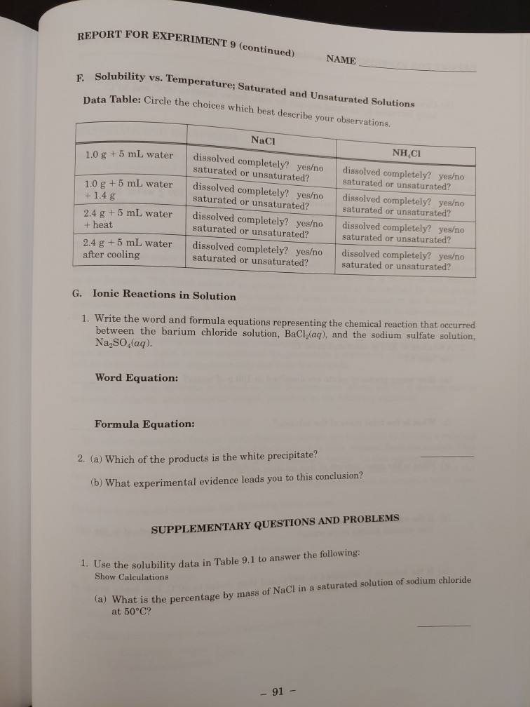 Solved REPORT FOR EXPERIMENT 9 (continued) NAME s Solubility